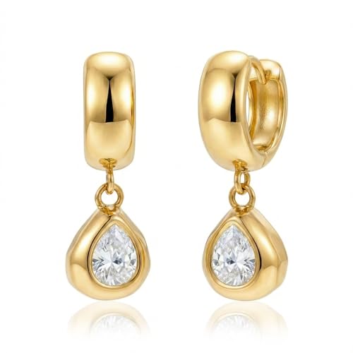 NIXMAX Trendy Gold Dangle Earrings for Women, Chunky Statement CZ Hoops | Bezel-Set Cubic Zirconia Charm, 14K Gold Plated, Lightweight Hypoallergenic Jewelry, Fashion Accessories, Gifts for Women - color: Gold-Chunky Teardrop Hoops