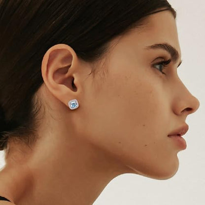 Dainty Birthstone Earrings for Women Sterling Silver Small Stud Earrings with Halo Cushion/Round Created Gemstone Earrings Birthstone Jewelry - style: A 03. Mar./created aquamarine-cushion cut