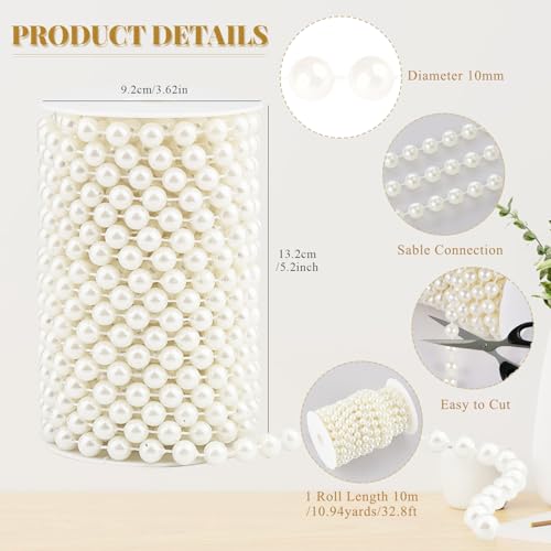 Pearls String Beads 33 Feet Faux Pearls Roll for Crafting Christmas Tree | 10mm Ivory Beaded Garland Flowers DIY Wedding Party Centerpiece Party Jewelry Decoration - size: 10mm/10.1m