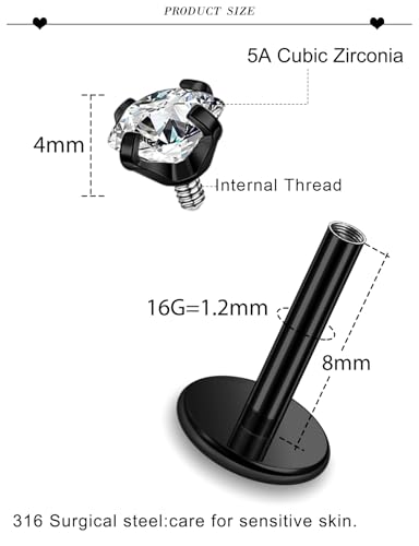 16G ASTM F136 Titanium Surgical Steel Internal Thread Flat Back Studs Earrings Lip Rings Labret Medusa Helix Tragus Cartilage Earring stud Piercing Jewelry for Women Men Silver Black Gold - style: 16g/4mm Clear cz/Black 8mm