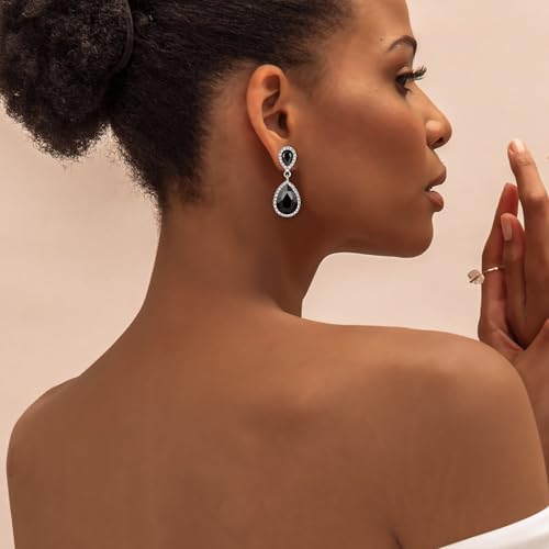EVER FAITH Women's Austrian Crystal Wedding Tear Drop Dangle Earrings | Bridal Prom Jewelry for Bride Bridesmaid - color: Black Silver-Plated-Base