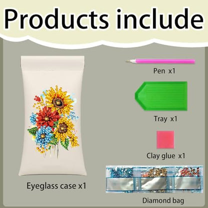 Diamond Art Painting Eye Glass Bag PU Sunglasses Glasses Storage Bag Built-in Glasses Cloth Press Automatic Closure - color: Sunflowers