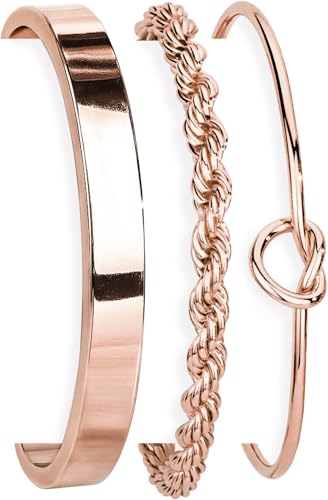 925 Sterling Silver Bracelets for Women Stack, Trendy Tennis Bangle Cuff Jewelry Set 14K Gold Plated, Adjustable Bracelet Set for Wrist Essentials, Women Fashion Watch Band Acecessories - style: Bracelet_3pcs(RoseGold Bangle Set)