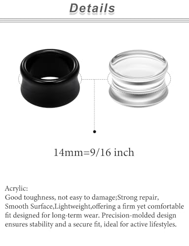 6G-30mm Double Flared Acrylic Ear Gauges Tunnels Plugs Expanders Saddle Hollow Tunnels Stretcher Earrings for Men Women Clear Black Lobe Stretching Body Piercings Jewelry 4 Pairs Set - color: 14mm=9/16 inch