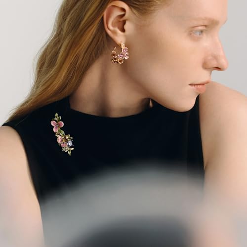 Irises Flower brooches and pins for women, Hand-driping Oil brooch pins inlaid with artificial crystals, SHE'S FREE STYLE JUST FOR YOU Green leaf safety pins enameled jewelry pins and brooches - color: Purple brooch