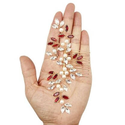 Pearl Crystal Hair Comb Bridal Rhinestone Gold Vine Hair Piece Accessories for Wedding Women (Red-2) - color: Red-2