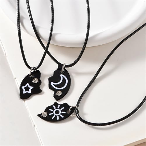 3pcs Friendship Moon Sun Star Puzzle Matching Necklace Set Gold Silver Plated Cute Crescent Round Circle Geometric Best Friend BFF Pendant Necklace for 3 Women Sisters Daughter Birthday Jewelry Gifts - color: Black