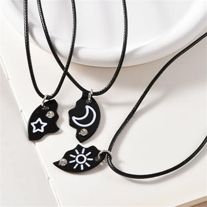 3pcs Friendship Moon Sun Star Puzzle Matching Necklace Set Gold Silver Plated Cute Crescent Round Circle Geometric Best Friend BFF Pendant Necklace for 3 Women Sisters Daughter Birthday Jewelry Gifts - color: Black