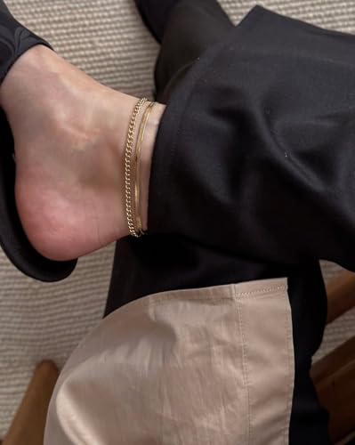 Robaice Adjustable Ankle Set for Women Waterproof, 14K Gold Plated | Layered Cuban, tennis, herringbone and clover chain styles, waterproof and non-tarnish for everyday wear or gifting - color: Cuban & Herringbone - Gold (2pcs)