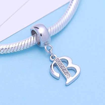 925 Sterling Silver Letter Charms Fits Pandora Bracelets, Gift for Women | A-Z Alphabet Initial Charm with CZ,Great gift for Christmas, Valentine's Day, Mother's Day. - color: B