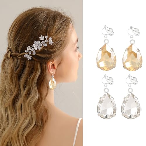 12 Pairs Clip on Earrings for Women Charm Teardrop Crystal Drop Dangle Earrings Huggie Hoop Ear rings Jewelry Set Christmas Valentine's Day Holiday Present