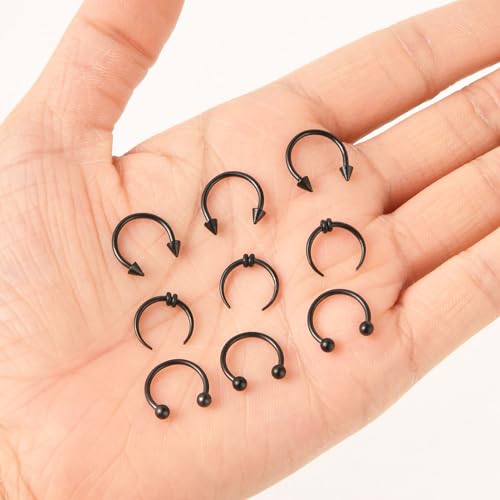 Yolev 9Pcs septum Rings Septum Jewelry 16g 18g Septum Ring Septum Piercing 20g Horseshoe Earring Hoop Stainless Steel Nose Ring Hoop Nose Piercing Jewelry for Women and Men - color: black