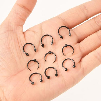 Yolev 9Pcs septum Rings Septum Jewelry 16g 18g Septum Ring Septum Piercing 20g Horseshoe Earring Hoop Stainless Steel Nose Ring Hoop Nose Piercing Jewelry for Women and Men - color: black