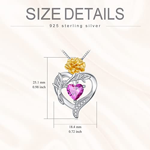 TOUPOP Birth Flower Necklace 925 Sterling Silver Heart Birthstone Pendant Necklaces Birth Month Floral Jewelry Birthday Valentines Day Mothers Day Gifts for Women Wife Mom - style: 10-October-Marigold