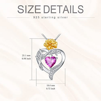 TOUPOP Birth Flower Necklace 925 Sterling Silver Heart Birthstone Pendant Necklaces Birth Month Floral Jewelry Birthday Valentines Day Mothers Day Gifts for Women Wife Mom - style: 10-October-Marigold