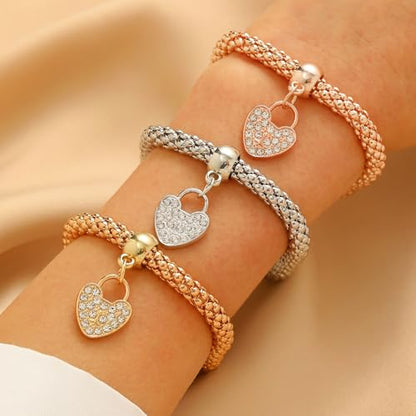 Alegend 14K Gold Plated Stackable Multilayer Bracelets + Titanium Steel(Not Rust, Resist Corruption, Easily Clean) 18K Gold Plated Single Bracelets - color: 14K Gold Heart-Shaped Diamond-Inlaid