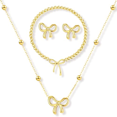 Gold Jewelry Set for Women Bow Necklace Bracelet Earrings Bowknot Jewelry | Small Bow Pendant Dainty Choker Necklaces 14K Gold Plated Beaded Stretch Bracelet Charm Christmas Thanksgiving Gifts