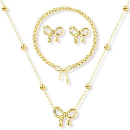 Gold Jewelry Set for Women Bow Necklace Bracelet Earrings Bowknot Jewelry | Small Bow Pendant Dainty Choker Necklaces 14K Gold Plated Beaded Stretch Bracelet Charm Christmas Thanksgiving Gifts