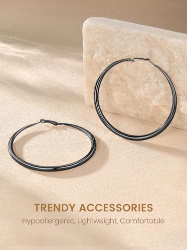 KeyStyle 5mm Thick Hoop Earring，Large Gold Hoop Earrings for Women | Stainless Steel Hoops Earring 14K Gold Plated/Silver/Black Hoop Lightweight Hypoallergenic Hollow Tube Hoop(40/60/80MM) - color: Black, size: 80mm