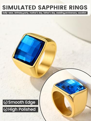KeyStyle Square Gemstone Signet Rings for Men, Personalized Stainless Steel Pinky Ring with Black Onxy Blue Topaz Birthstone Statement Ring - color: Gold - Blue Topaz - 15mm