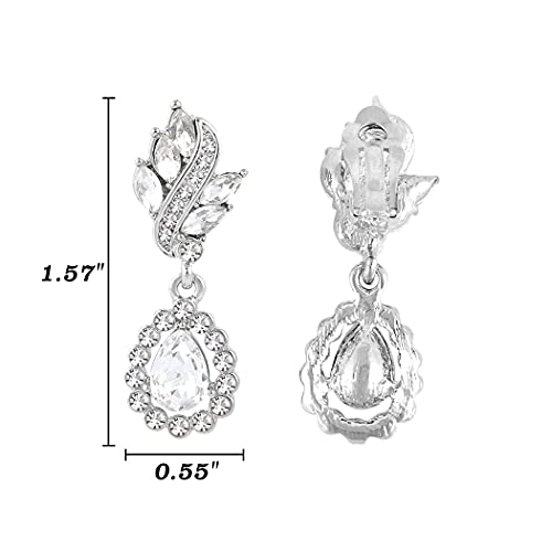 EleQueen Women's Austrian Crystal Art Deco Tear Drop Dangle Earrings Clip-on - color: 03-Silver-tone Clear