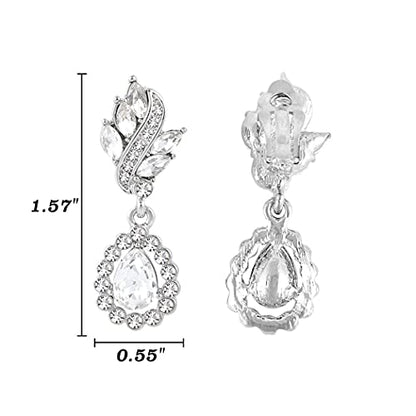 EleQueen Women's Austrian Crystal Art Deco Tear Drop Dangle Earrings Clip-on - color: 03-Silver-tone Clear