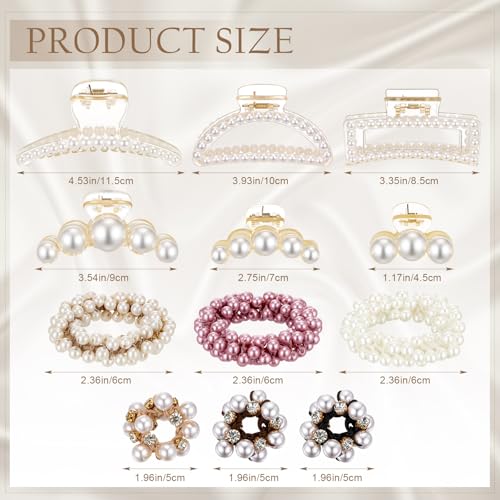 12 Pcs Pearl Hair Claw Clips Pearl Hair Ties Set for Women Girls Elastic Scrunchies Barrette Clamps Thick Thin Tousle Ponytail Holder Accessories Fashion Boho Bride Bachelorette Party Wedding