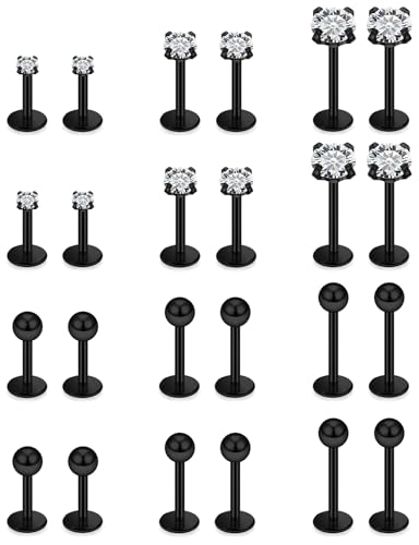 16G Flat Back Earrings Nose Studs 316L Surgical Steel Medusa Labret Monroe Lip Ring Tragus Forward Helix Conch Cartilage Lobe Earrings Stud Piercing Jewelry For Women Men 6MM 8MM 10MM - color: Black, size: 16G-Ball / CZ