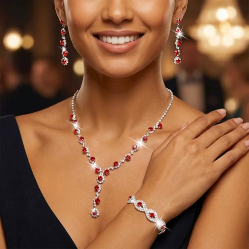 Silver Wedding Jewelry Sets Rhinestone Necklace Earrings Bracelet Set Prom Formal Costume Jewelry for Women and Brides - color: Red