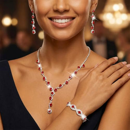Silver Wedding Jewelry Sets Rhinestone Necklace Earrings Bracelet Set Prom Formal Costume Jewelry for Women and Brides - color: Red