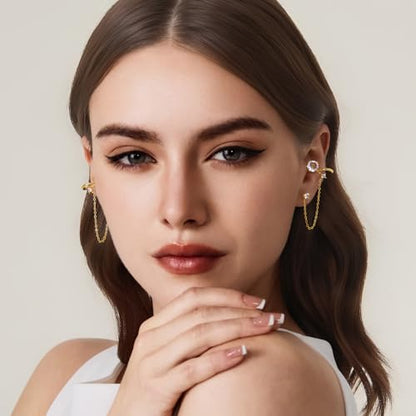 Cicy Bell Ear Cuff Earrings for Women Cubic Zirconia Stud Chain Earrings | 18k Gold Plated Clip On Climber earrings Non Piercing Waterproof Jewelry Gifts Birthday Party - color: Gold