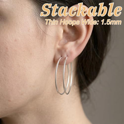 925 Sterling Silver Hoop Earrings Lightweight Endless Thin Silver Hoop Earrings 50mm Big Hoops Earring for Women