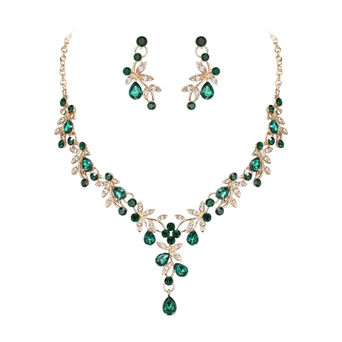 BriLove Wedding Jewelry Set for Women Bride, Y-Necklace Dangle Earrings Crystal Teardrop Leaf Flower Cluster Bridal Bridesmaid - color: 05-Emerald Color