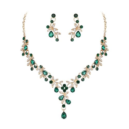 BriLove Wedding Jewelry Set for Women Bride, Y-Necklace Dangle Earrings Crystal Teardrop Leaf Flower Cluster Bridal Bridesmaid - color: 05-Emerald Color