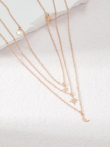 Layered Moon & Star Pendant Necklace, 3-Chain Gold Choker with Celestial Charms