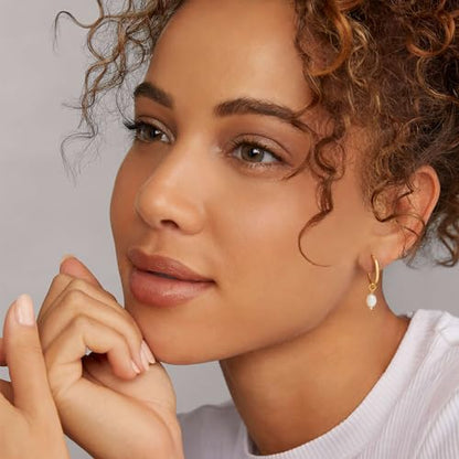 Robaice Pearl Earrings for Women, 14K Gold Plated Dangle Drop Earrings | Small Pearl Drop Huggie Hoop Earrings, Hypoallergenic Dainty Gold Earrings, Wedding Jewelry Gifts for Women Trendy - style: glossy pearl earrings