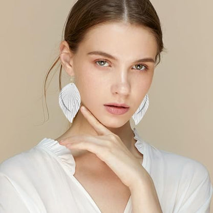 Genuine Leather Handmade Fringe Feather Lightweight Dangle Drop Earrings Teardrop Tassel Hook Earrings for Women - style: 1 White