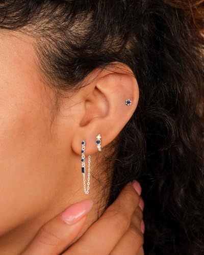 3 Pairs Earring Stacks, Gold Earring Set Jewelry Gift for Women | Small, 14K Gold/White Gold/Black/Rose Gold Plated, Hypoallergenic, Her, Everday, Stackable, Simple, 3 Holes - color: Silver-Blue Chain
