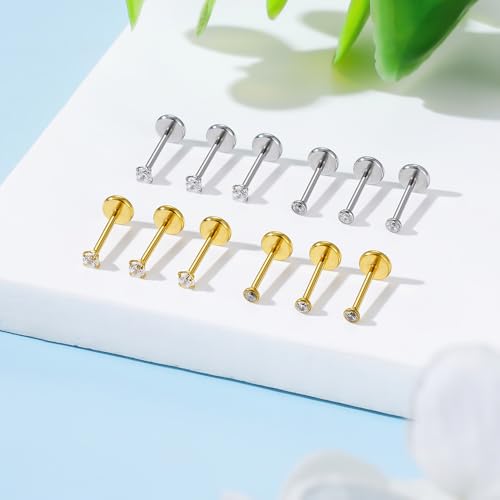 Flat Back Earrings Tragus Lip Nose Ring Studs Body Piercing Jewelry | 316L Stainless Steel 20G 18G Labret Monroe Cartilage Conch Helix - color: 8mm 20G 12Pcs