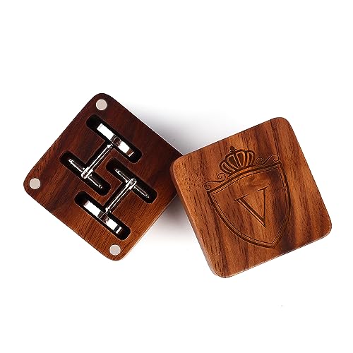 Mens Initial Silver Cufflinks A-Z Alphabet Letter Steel Cuff Links with Engraved Walnut Wood Box Groom Groomsman Wedding Set… - style: V