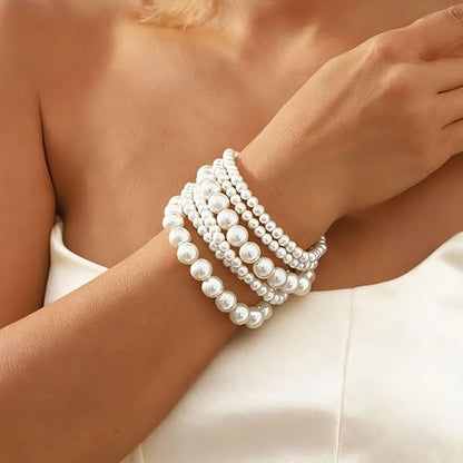 6Pcs White Pearl Bracelets for Women, Stretch Faux Pearl Bracelets, Elastic Pearl Beaded Bracelets, Stackable Pearl Bracelet Set for Women Bridal Bridesmaid Wedding Party Gifts
