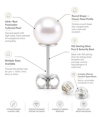 AAA+ Real Freshwater Pearl Stud Earrings, Sterling Silver Hypoallergenic | Hand-Matched White Round Pearls, 925 Silver Posts & Backs, Smooth High-Luster Surface, Soule Pearl Gift Box - color: Rhodium Plated, size: 8.0-8.5mm