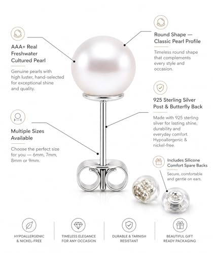 AAA+ Real Freshwater Pearl Stud Earrings, Sterling Silver Hypoallergenic | Hand-Matched White Round Pearls, 925 Silver Posts & Backs, Smooth High-Luster Surface, Soule Pearl Gift Box - color: Rhodium Plated, size: 7.0-7.5mm
