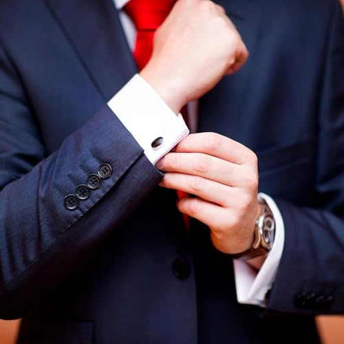 Mens Cufflinks and Tuxedo Shirt Studs Set with Gift Box - color: Silver/black