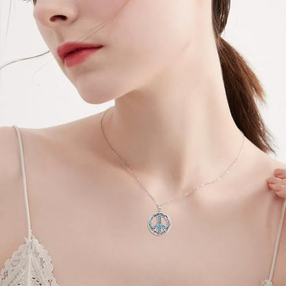 VONALA Sterling Silver Necklace Moss Agate/Turquoise/Larimar/Aquamarine/Opal/Black Onyx/Rose Quartz/Moonstone Pendant Teardrop Necklace Jewelry Gift for Women - style: Peace Sign