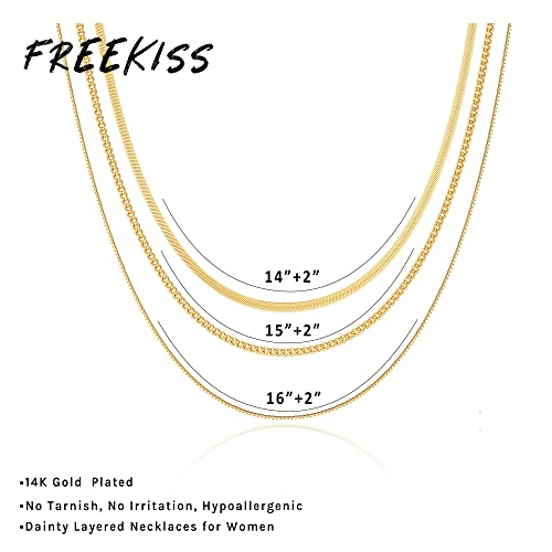 Freekiss Layered Necklace Set for Women Stackable | Herringbone Snake Cuban Rope Chain, Dainty Choker, Layered Stackable, Non Tarnish, Hypoallergenic, Adjustable 14-18.5" - color: Gold, style: Cuban+Box chain+Snake