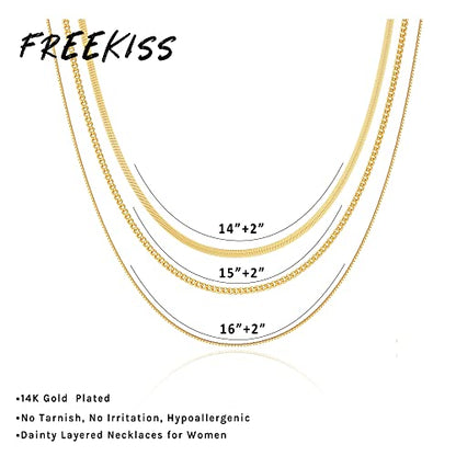 Freekiss Layered Necklace Set for Women Stackable | Herringbone Snake Cuban Rope Chain, Dainty Choker, Layered Stackable, Non Tarnish, Hypoallergenic, Adjustable 14-18.5" - color: Gold, style: Cuban+Box chain+Snake
