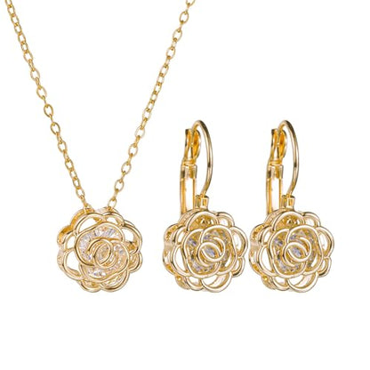 Rose Flower Jewelry Sets for Women Dainty Blooming Filigree Flower Austrian Crystal Choker Necklace Earring Set for Wedding Valentine Fashion Jewelry for Brides Bridesmai - color: Gold
