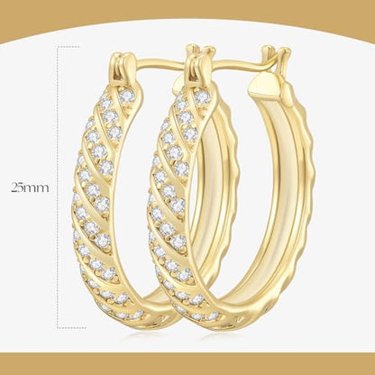 14K Gold Hoop Earrings for Women 14K Gold Earrings Jewelry Spiral Cubic Zirconia Thick Hoops Hypoallergenic Womens Huggie Earring 20/25/30/35MM - size: 25MM