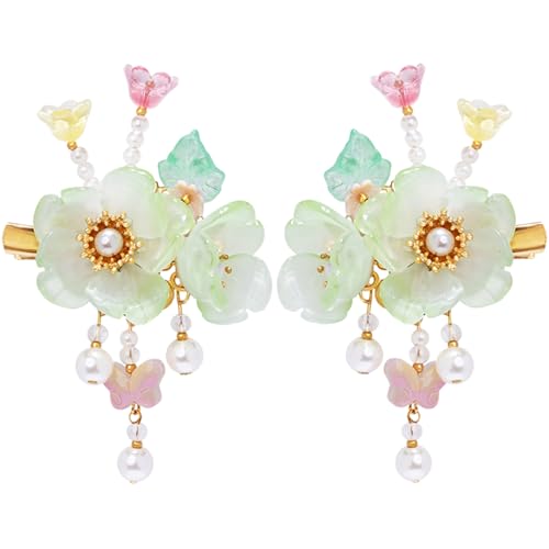 A Pair Wedding Hair Clips, Handmade Floral Design Crystal Hair Clips Pearl Barrettes, Rhinestones Flower Clips Pearl Headpieces Hair Pins Hair Accessories for Women Girls (Light Green) - color: Light Green